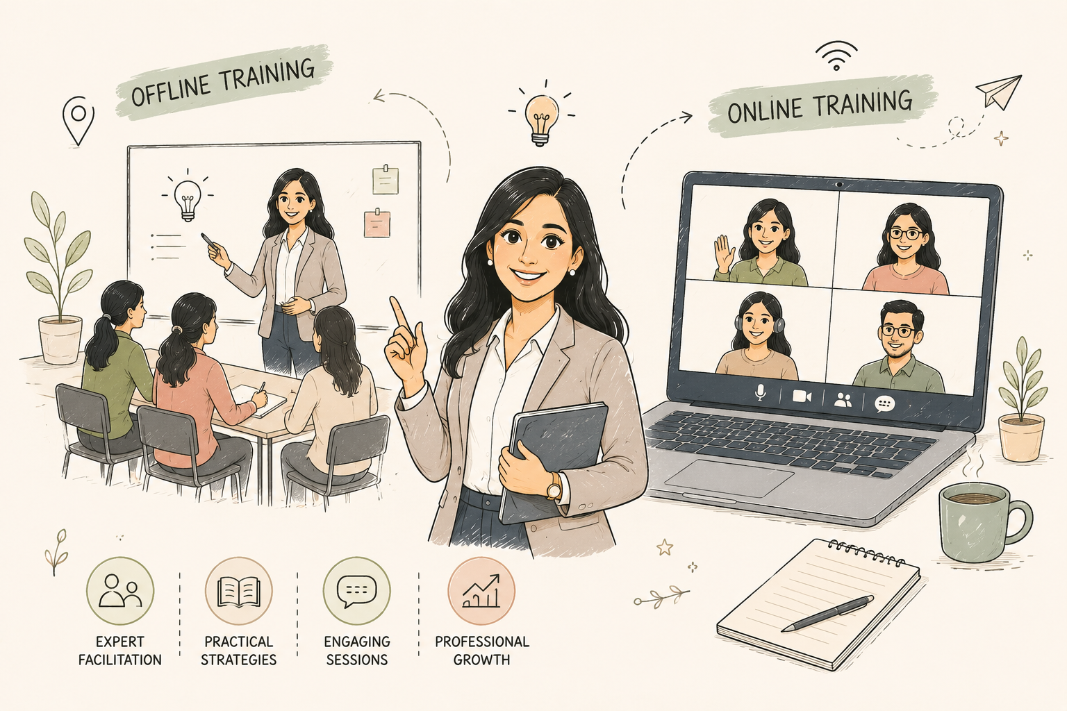 Illustration of offline classroom training and live online teacher training sessions